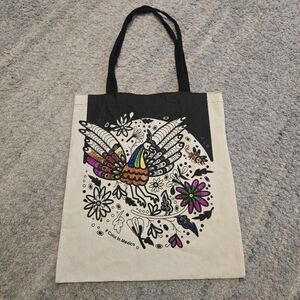 Peacock Canvas Tote Bag Color in Mexico Floral Reusable Shopping Bag Black/Cream